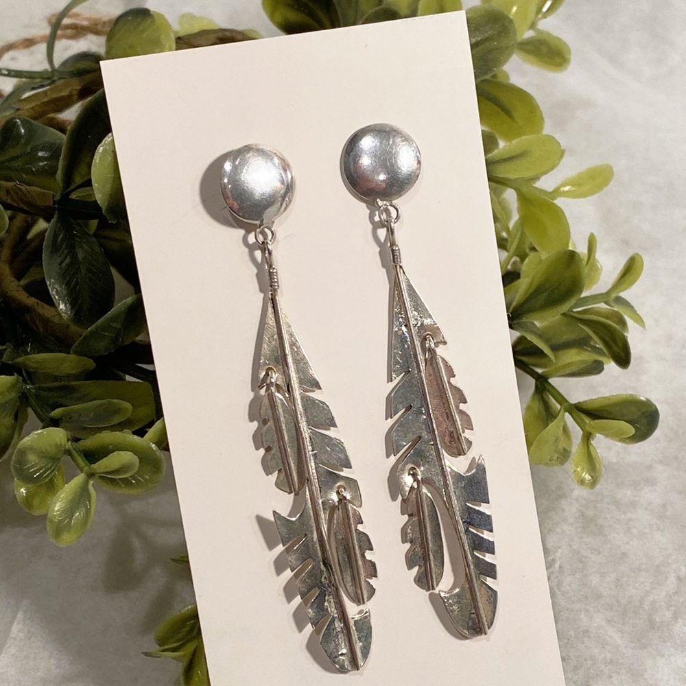 Native American Sterling Silver Dangle Long Feather Earrings Vintage